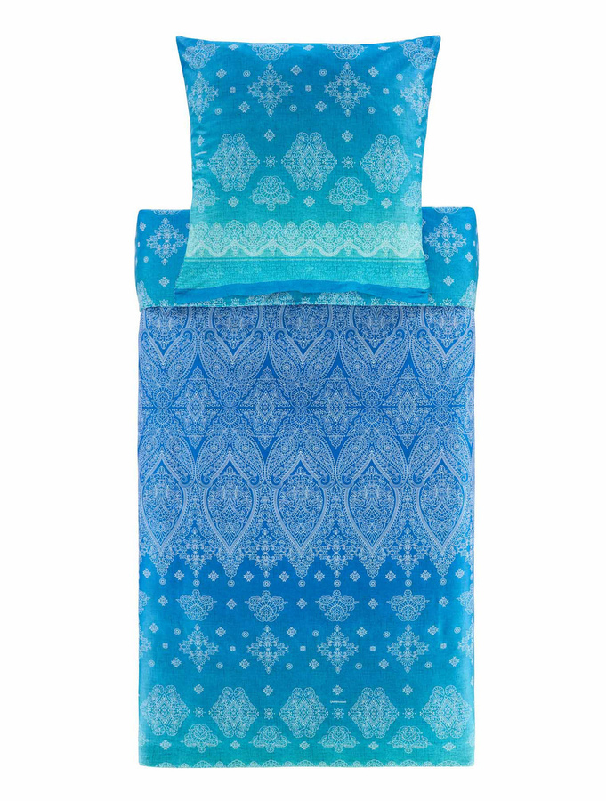 Bassetti Mako-Satin Bettwäsche KERALA mit Grafikdesign in Blau, bestehend aus Bettbezug und Kopfkissen - Bild 1