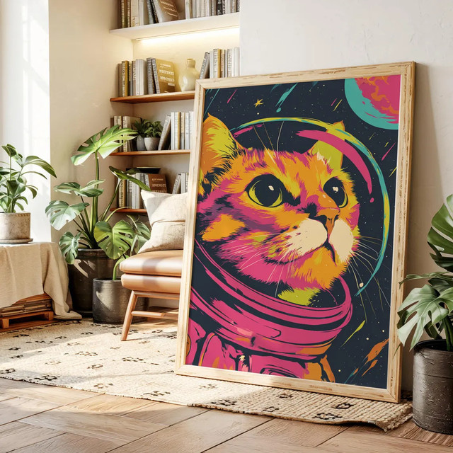 Leinwand-Wandkunst mit Astronauten-Katze in Neon-Pop-Art, farbenfrohes Weltraum-Kunstwerk von SHENCHEN, multicolor - Bild 1