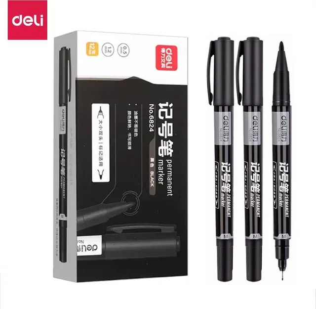 Deli Twin Tip Permanent Marker Set mit wasserfester schwarzer Tinte, 12 Stück, Spitze 0,5-1,2 mm - Bild 1