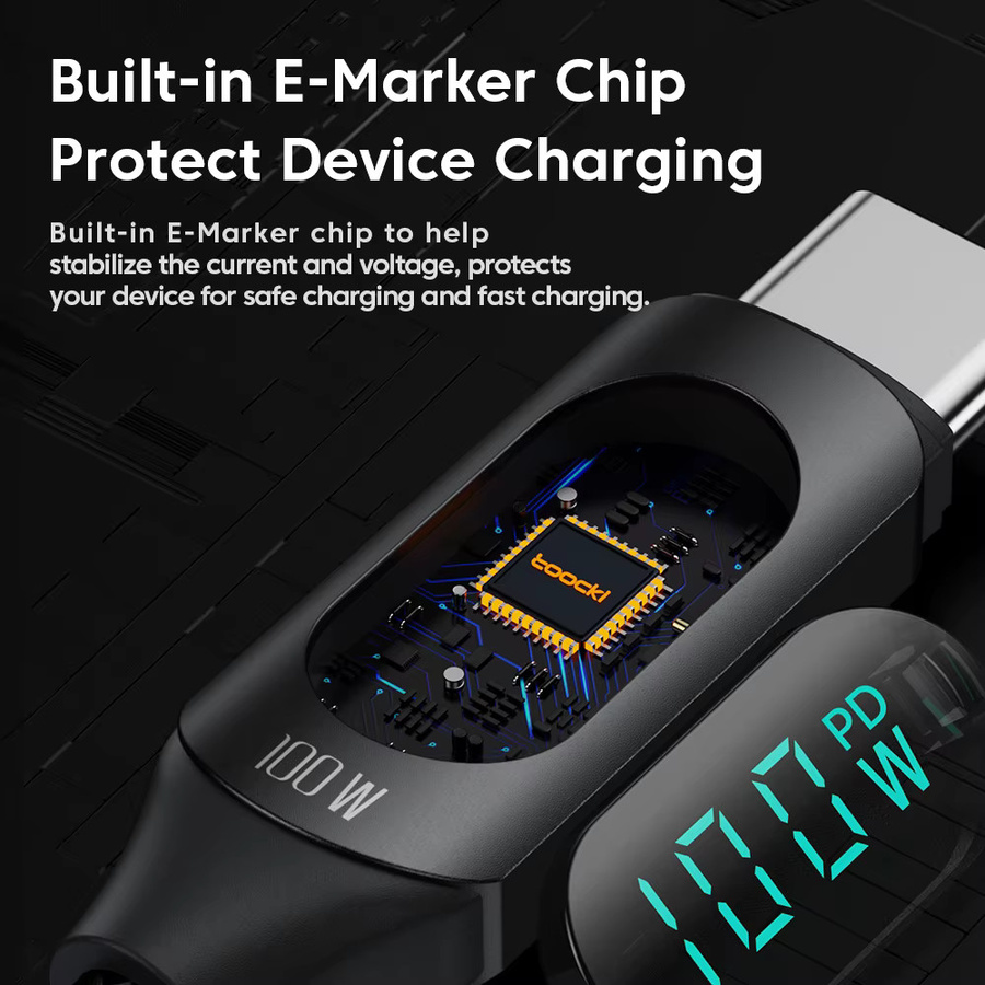 Toocki PD100W USB-C auf USB-C Schnellladekabel mit Digitalanzeige in Schwarz für iPhone 16 15, MacBook und iPad - Bild 6