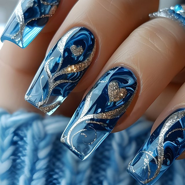 JUMEWZC Kunstnägel, blau, glänzend, 24 Stück - Bild 1