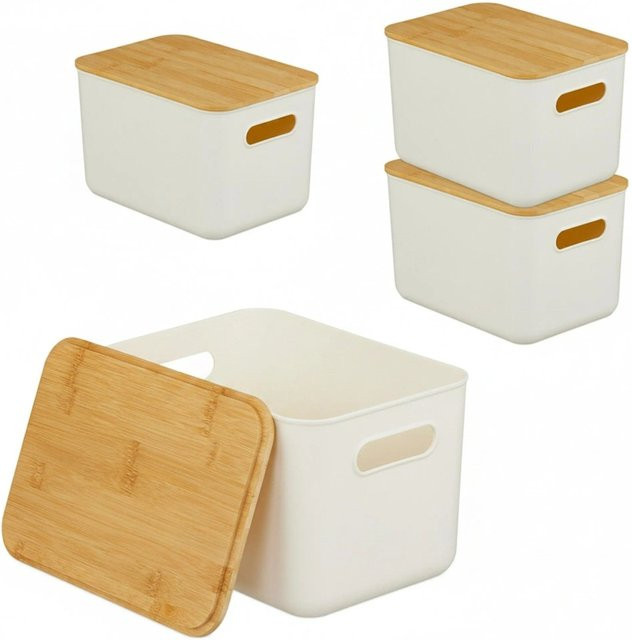 Relaxdays Aufbewahrungsbox aus Kunststoff und Bambus in Weiß, 4er Pack, stapelbar, B: 26 cm, T: 16 cm, H: 17,5 cm - Bild 1