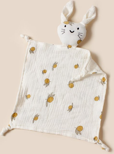 MARKET-1 Baby Kuscheldecke aus Baumwoll-Musselin mit Katzenmotiv in Zitronengelb und Weiß - Bild 1