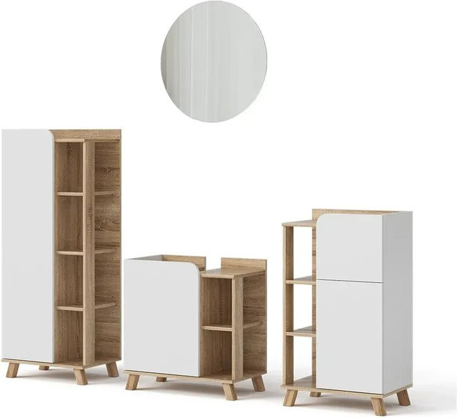 Vicco Badmöbel-Set Karen in Sonoma Weiß, 4-teilige moderne Badezimmerserie mit Waschtischunterschrank, Badspiegel, Midischrank und Unterschrank - Bild 2