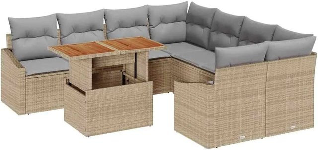vidaXL Garten-Sofa-Set aus Poly Rattan in Beige mit 9 Teilen, L-Form mit integrierter Stauraumfunktion und Polstern - Bild 1