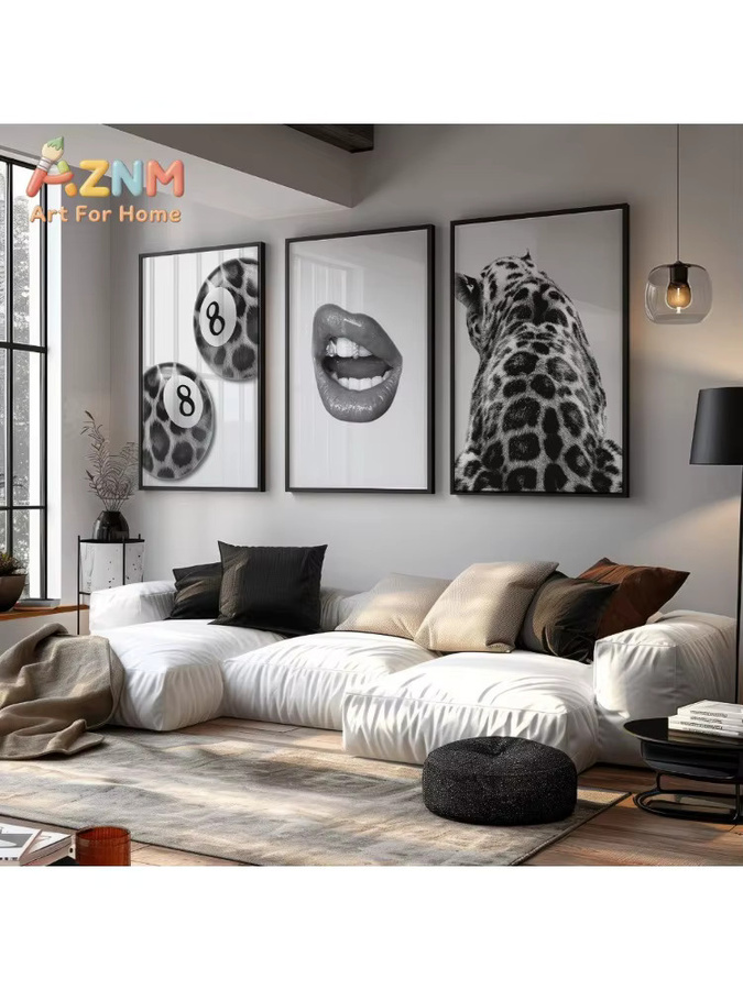 AZNM Leinwandbild mit Leopardenmuster und Lippen im Y2K-Stil, Schwarz-Weiß, abstraktes Grafikdesign für dein Wohnzimmer, Rahmenlos - Bild 4
