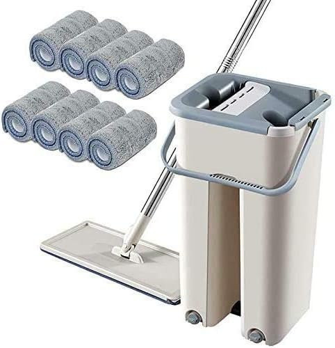 Bymaocar Flachmopp und Eimer Set in Gelb mit 10 wiederverwendbaren Mikrofaser-Pads, 360 Grad Rotation, Doppelbehälter-Design und ergonomischem Edelstahlgriff - Bild 1