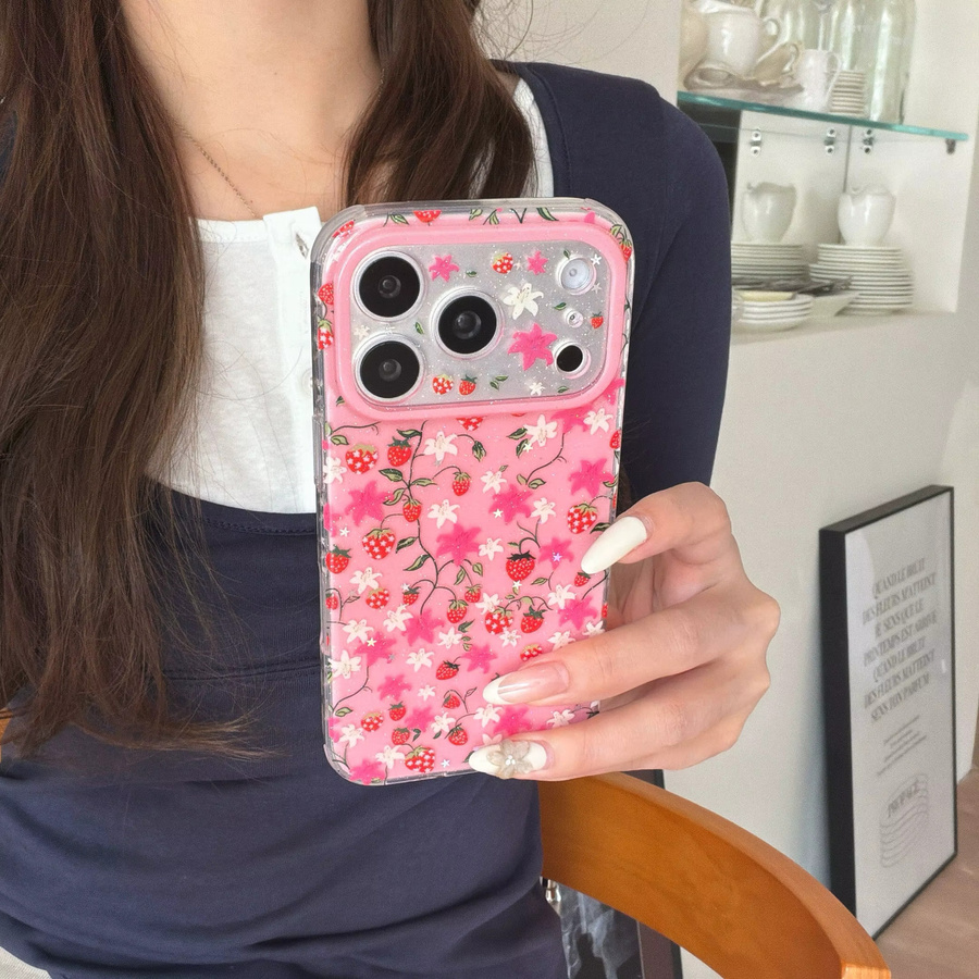 TROPLET Schutzhülle für iPhone in Rosa mit Erdbeer- und Blumen-Glitzer-Design - Bild 5