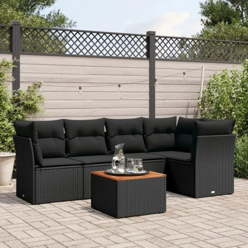 Vidaxl 6-tlg. Garten-Sofagarnitur aus Polyrattan in Schwarz mit Kissen im modernen Loungemöbel-Design - Bild 1
