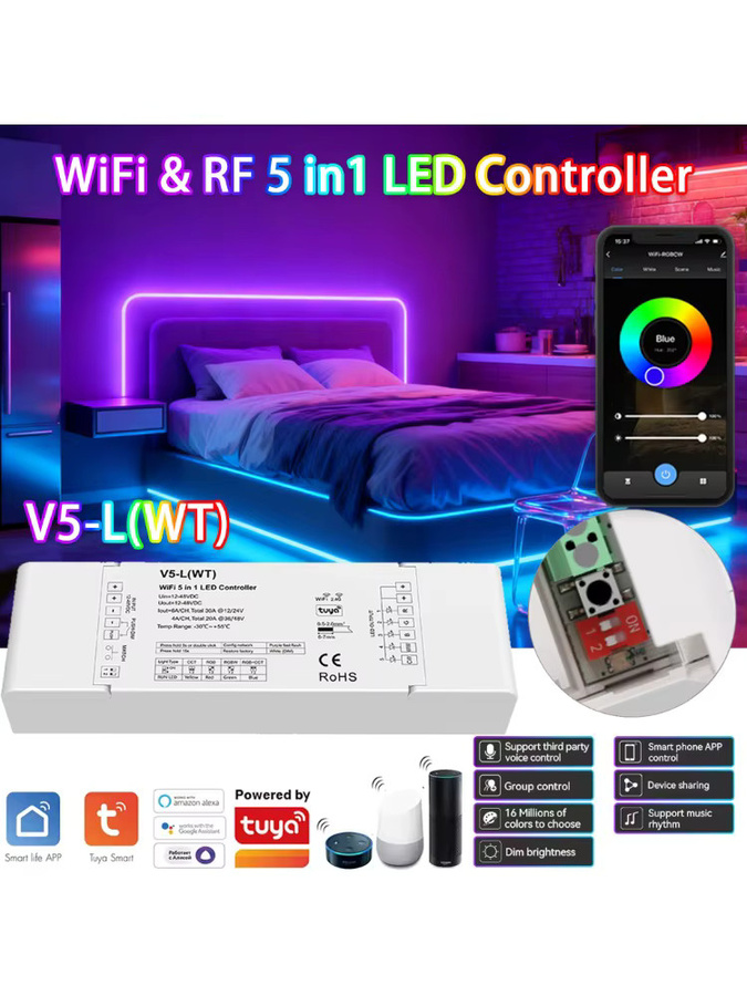YSRSAI Tuya Smart Life 5-in-1 LED-Streifen-Controller für 12V-24V, WiFi Dimmer für RGB, RGBW und RGBCCT, kompatibel mit Amazon Alexa und Google Assistant - Bild 5