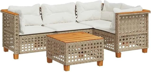 vidaXL 5-teilige Garten-Sofagarnitur aus Poly-Rattan und Akazienholz mit Kissen in Beige und Cremeweiß - Bild 1
