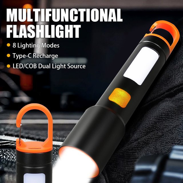 LONGRIVER LED-COB-Taschenlampe in Schwarz, wiederaufladbare USB-Notfalllaterne mit Haken für Garten und Outdoor - Bild 1