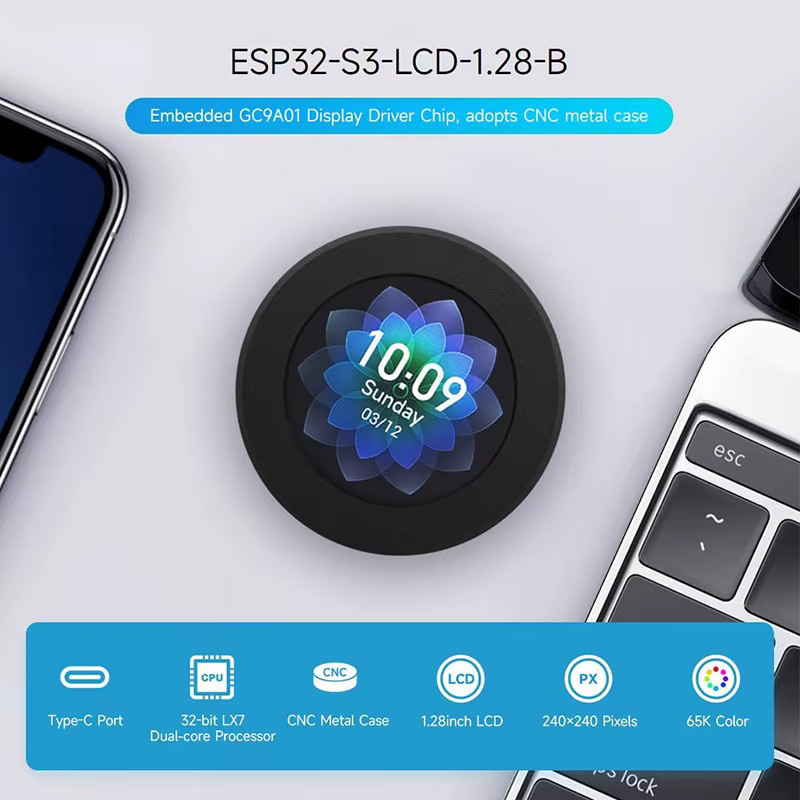Waveshare ESP32-S3 Entwicklungsboard mit 1,28 Zoll IPS Rundes LCD Display, 240x240 Auflösung und GC9A01 Treiberchip im CNC-Metallgehäuse - Bild 3
