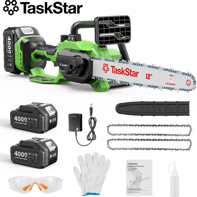 TaskStar 12-Zoll-Bürstenlose Akku-Kettensäge in Grün mit 2 x 4,0 Ah Akkus, kabellose Astsäge mit automatischer Ölschmierung für die Gartenarbeit - Bild 1
