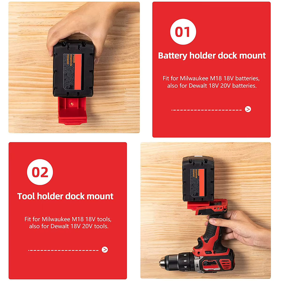 5er Set 2-in-1 Werkzeughalter und Akku-Halterung für DeWalt 20V und Milwaukee M18 18V in Rot - Bild 5