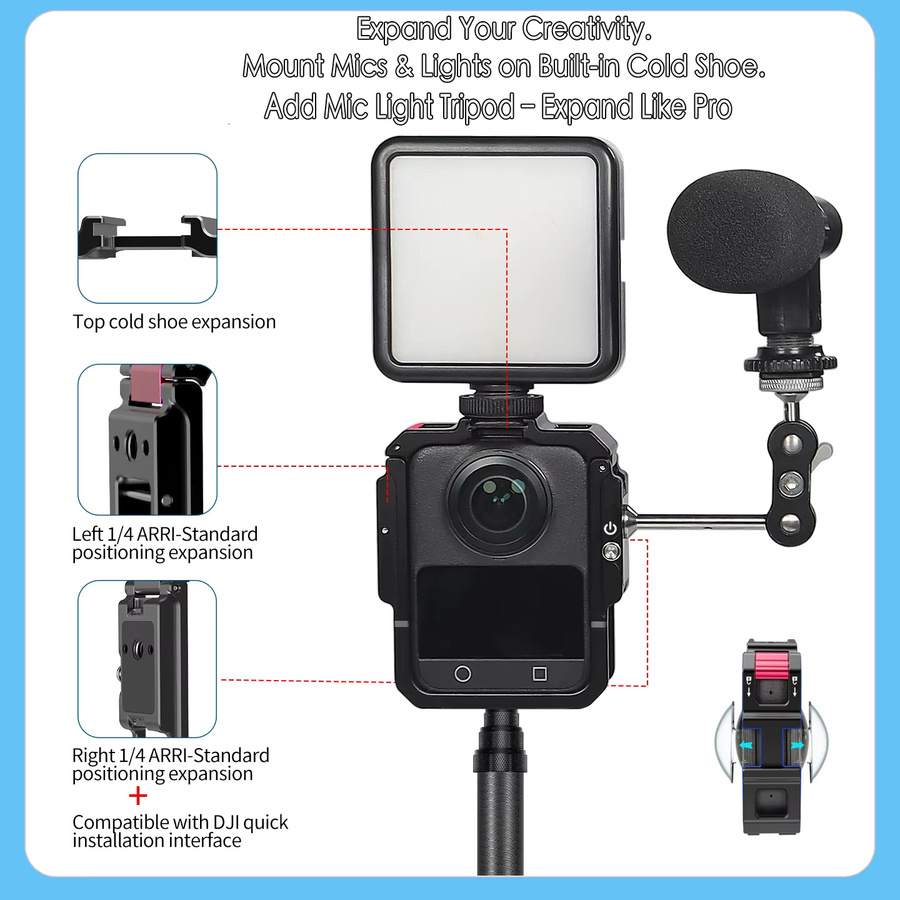 DJI OSMO 360 Kamerakäfig aus Aluminium in Schwarz mit magnetischer Schnellmontage und Kaltschuh für Vlog, Motorrad und Reiten - Bild 4