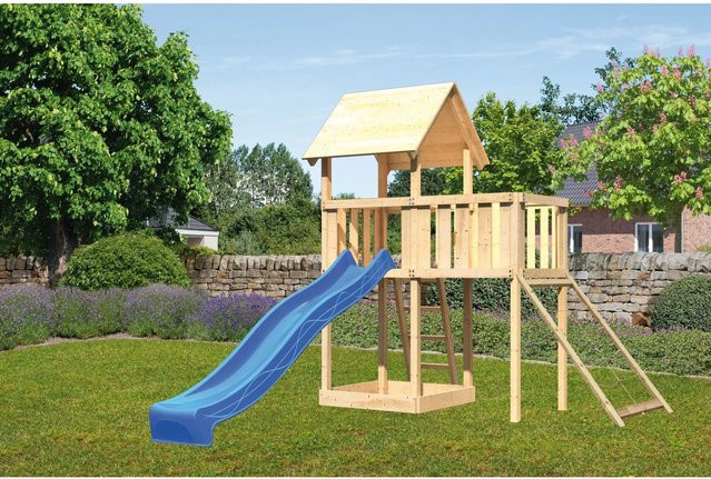 Karibu Spielturm Lotti mit Anbauplattform Netzrampe Rutsche Blau - Bild 1