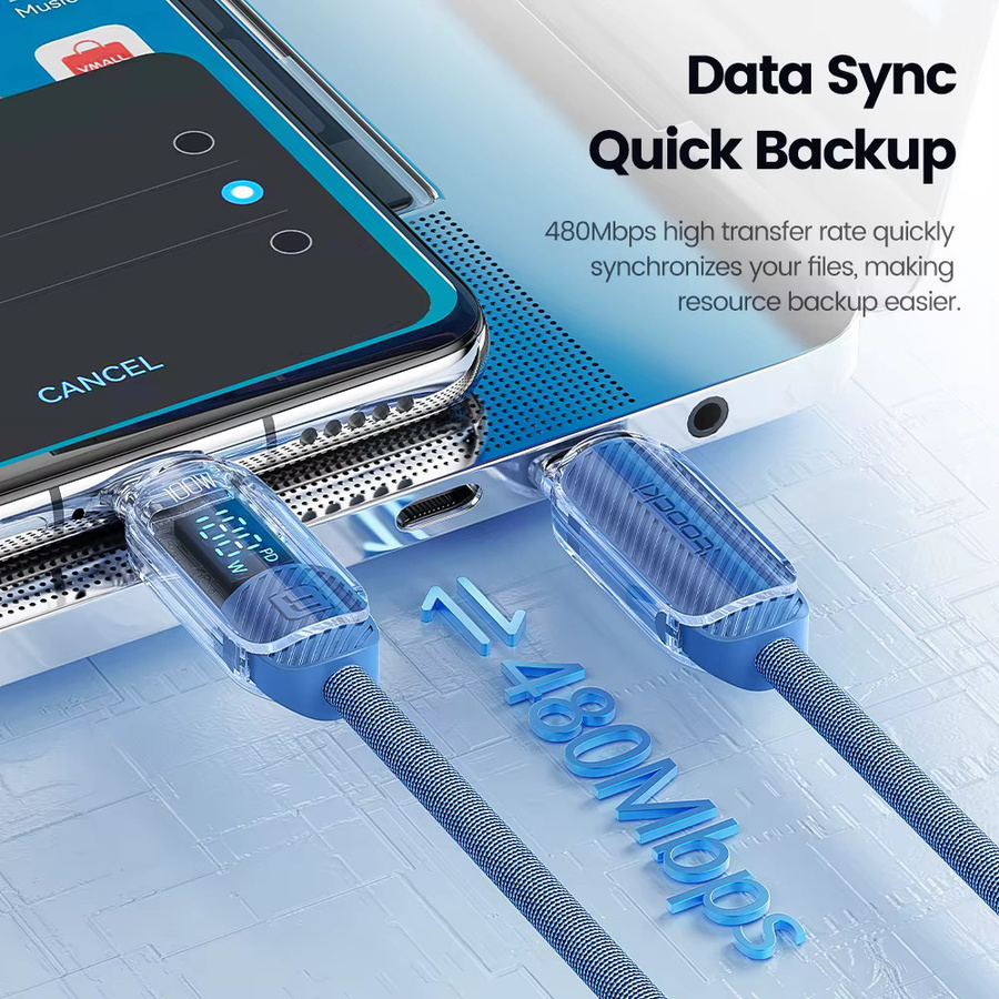 Toocki USB C auf Typ C Kabel 100 W Schnellladegerät mit LED-Anzeige in Transparent Blau - Bild 2