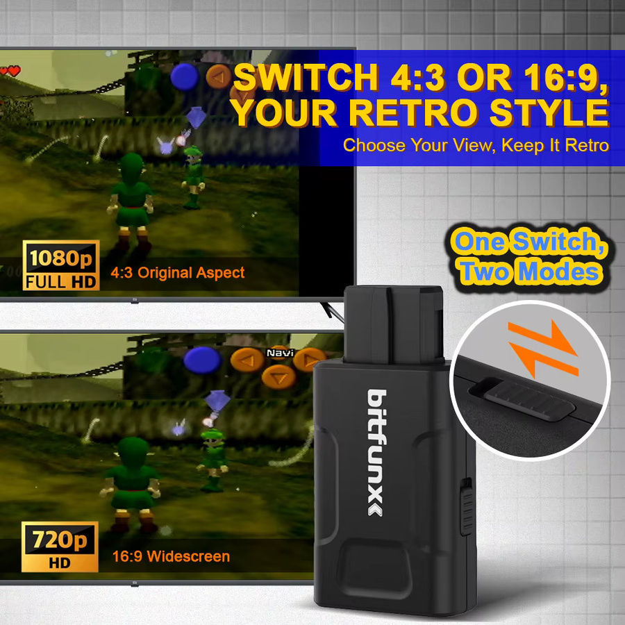 Bitfunx HDTV-Adapter für N64, SNES, SFC und NGC Konsolen in Schwarz mit 720P und 1080P Unterstützung sowie umschaltbarem 4:3 und 16:9 Aspektverhältnis - Bild 3