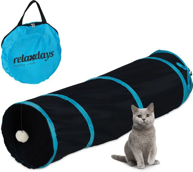 Relaxdays Katzentunnel mit Spielzeug aus Polyester in Schwarz, faltbar, Länge: 90 cm, Durchmesser: 25 cm - Bild 1