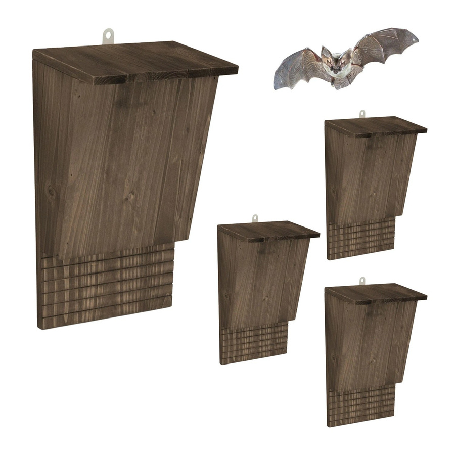 Relaxdays Fledermauskasten 4er Set aus Tannenholz und Metall in Braun mit Haken, B/T/H: 34 x 22,5 x 12,5 cm - Bild 2