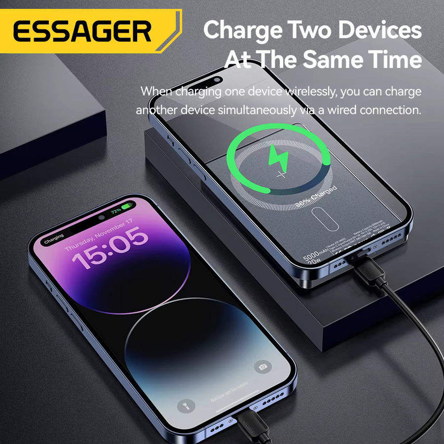 Essager Magnetische Powerbank mit 5000 mAh und 20 W Schnellladung für MagSafe, kabellose externe Akku für iPhone 17 16 15 14 in Schwarz oder Grau - Bild 5