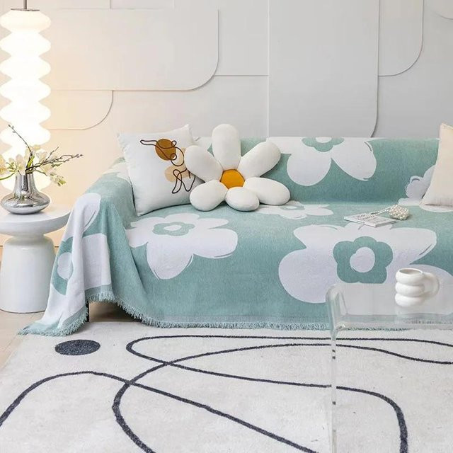Jacquard Chenille Sofabezug mit Quaste in Grün, Universal Couchtuch mit floralem Muster, B: 180 cm, T: 130 cm - Bild 1