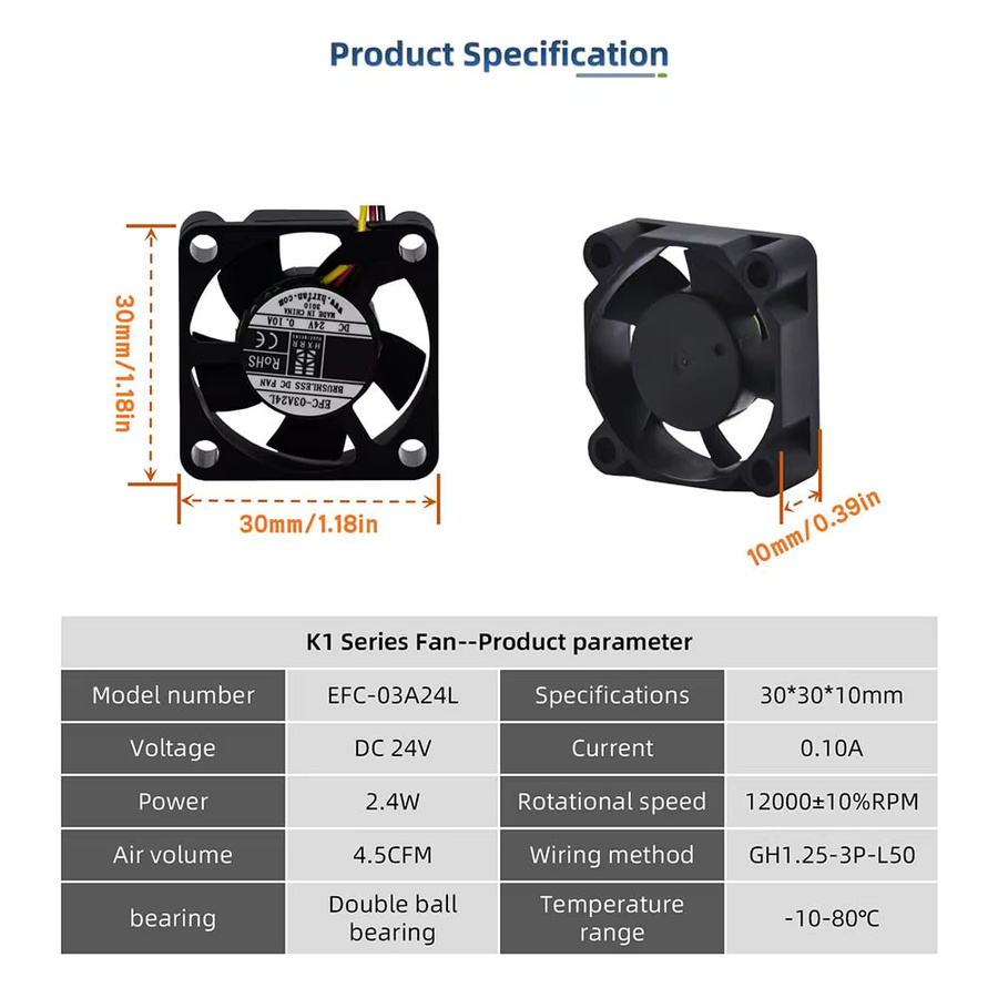 Creality Extruder-Lüfter-Set für K1, K1C und K1 Max mit 3010 Axiallüfter und 4020 Gebläselüfter DC24V in Schwarz - Bild 4