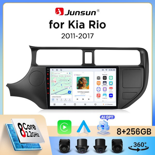 Junsun Wireless CarPlay und Android Auto Autoradio für Kia Rio Mk3 (UB) 2011-2017 mit GPS Navigation, WiFi, Bluetooth, DSP, RDS und IPS Touchscreen in Schwarz - Bild 1