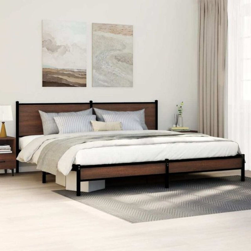 Metallbett Vidaxl in Braun Eichen-Optik im Industrial-Stil aus Metall und Holzwerkstoff B/T/H: 193 x 203 x 91,5 cm - Bild 1