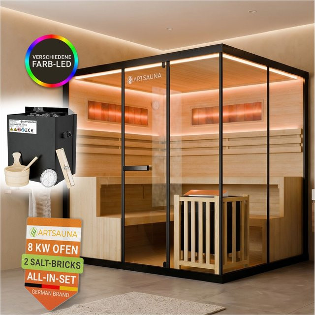 ARTSAUNA Traditionelle Sauna Vantaa Indoorsauna für 6 Personen aus Hemlock Holz in Schwarz mit 8 kW Saunaofen, Sicherheitsglas und RGB LED Beleuchtung - Bild 1