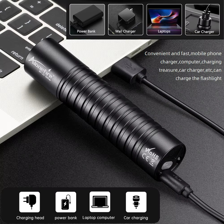 Alonefire UV-Taschenlampe USB wiederaufladbar in Schwarz für Kleberhärtung und Fleckmarkierung mit 395 nm und 365 nm Wellenlänge - Bild 3
