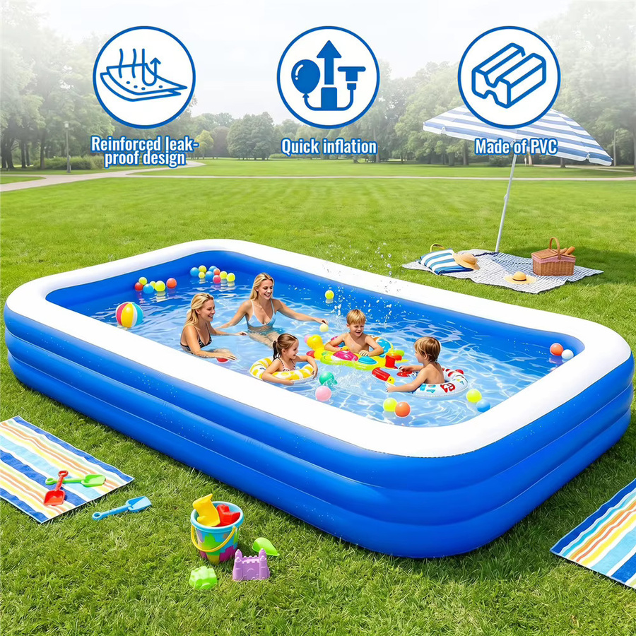 HGTUGO Aufblasbarer Familienpool in Blau, rechteckiges Schwimmbecken für Erwachsene und Kinder, B/T/H: 262 x 60 x 18 cm - Bild 3