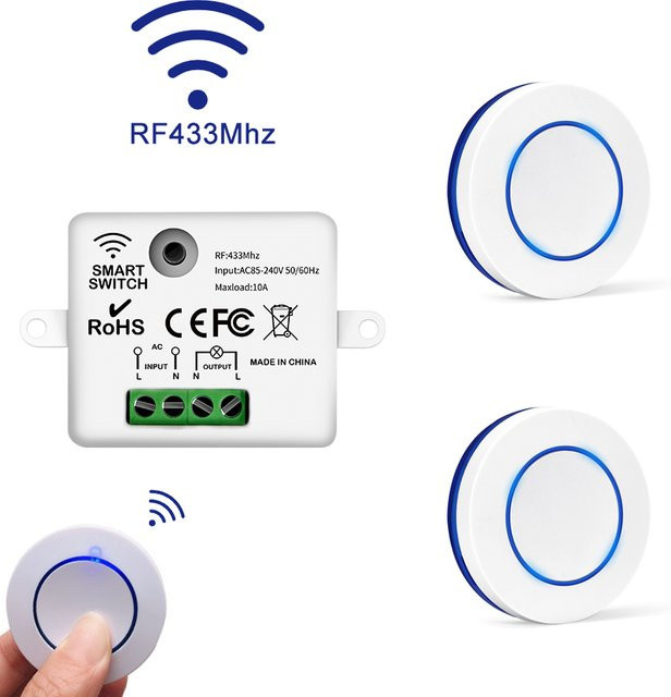 Ammtoo Drahtlose Fernbedienung Schalter 433 MHz Mini Rundes Wandpanel in Weiß für LED Lampen und Ventilatoren mit 10A Relais Empfänger AC85-240V - Bild 1