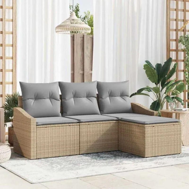 vidaxl Garten-Sofa-Set aus Rattan und Metall mit Kissen und Stauraum, 4-teilig, Beige und Hellgrau - Bild 1