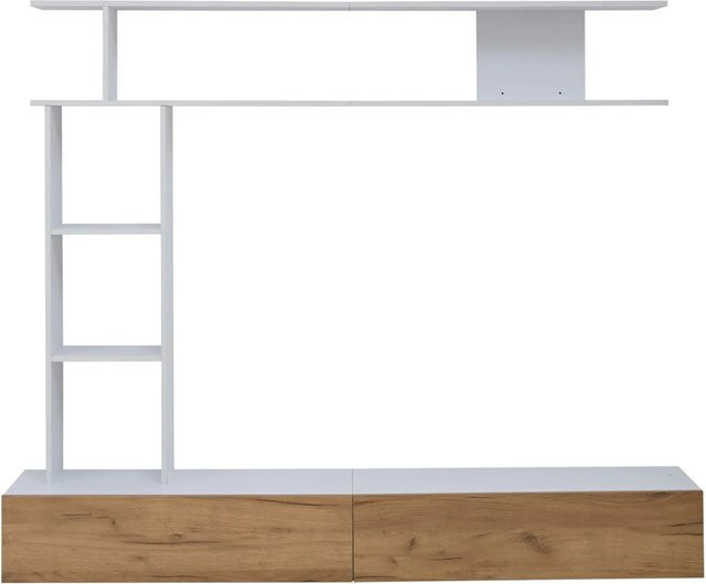 okwish TV Wohnwand Set mit Vitrinen und Wandregal in Weiß und Braun, modern, B/T/H: 180 x 35,2 x 22,5 cm - Bild 1