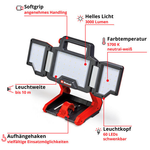 Einhell Professional Akku-Baustrahler TP-CL 18/3000 Li - Solo LED Arbeitsleuchte, Rot - Bild 2