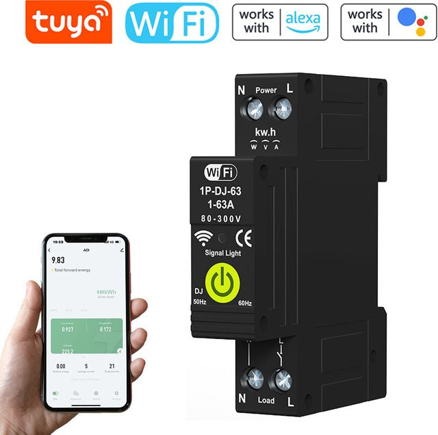 Tuya WiFi Smart Circuit Breaker MCB mit bidirektionaler Energiemessung und Timer in Schwarz - Bild 1