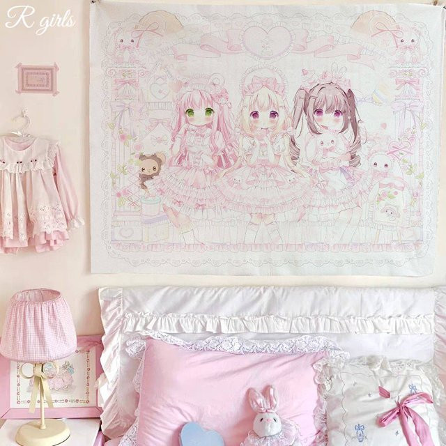 JMG Household Supplies Wandteppich im Lolita Anime Stil mit Mädchen-Print und Herzen in Pink, Breite: 150 cm, Höhe: 200 cm - Bild 1