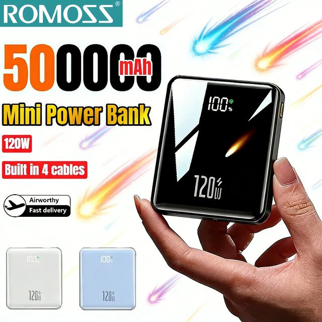 ROMOSS Ultra Dünne Powerbank mit 50000mAh Kapazität und 4 integrierten Kabeln in Lila - Bild 1
