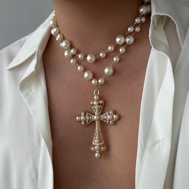 IngeSight.Z Choker Halskette, Perle, Jesus Kreuz Anhänger, Gold, Unisex - Bild 1