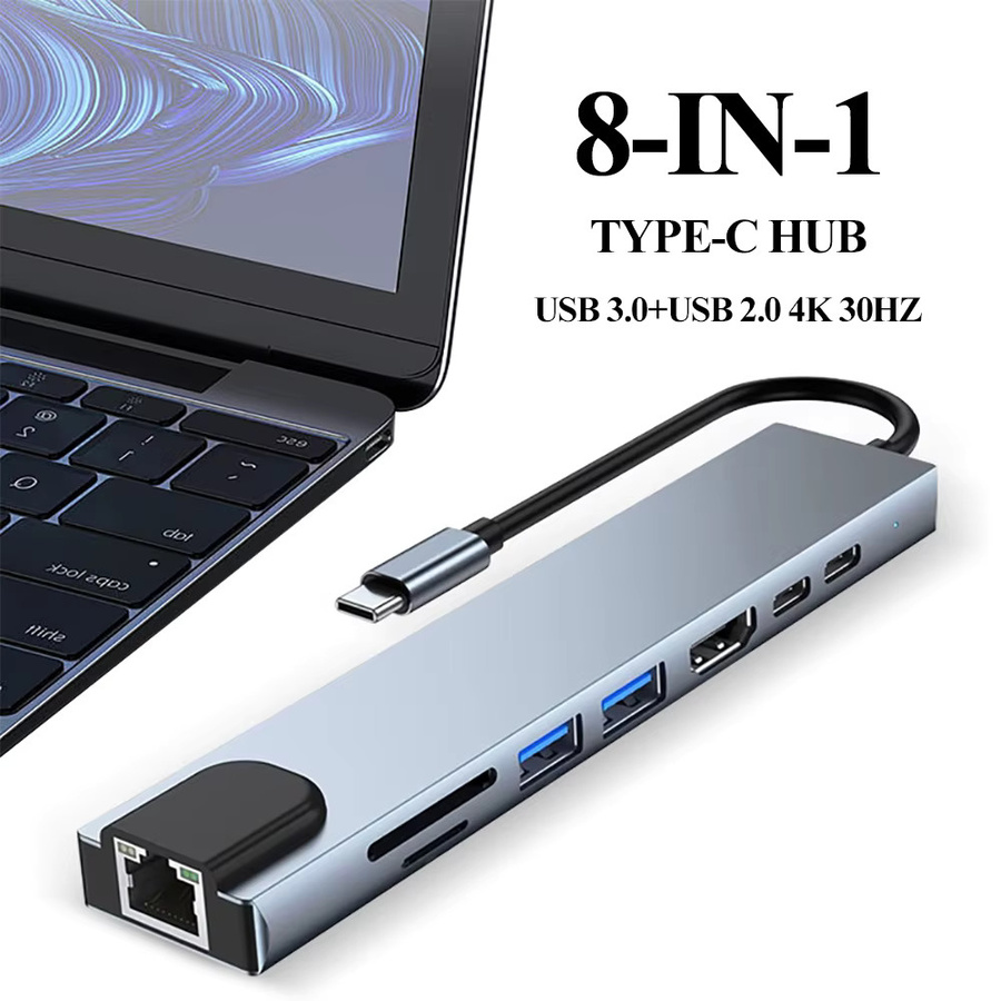 8-in-1 USB-C Hub Multi-Terminal-Adapter in Grau mit 4K HDMI, USB 3.0, USB 2.0 sowie SD/TF-Kartenleser für MacBook, Pro und iPad Pro - Bild 2