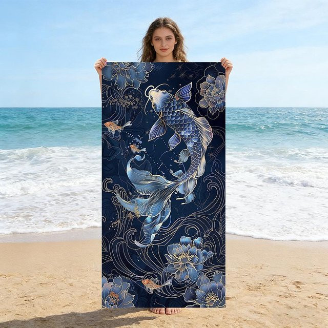 Japanisches Koi Blumen Strandtuch von JMG Household Supplies, blau, sandfrei und schnelltrocknend, B/B: 70 x 140 cm - Bild 1