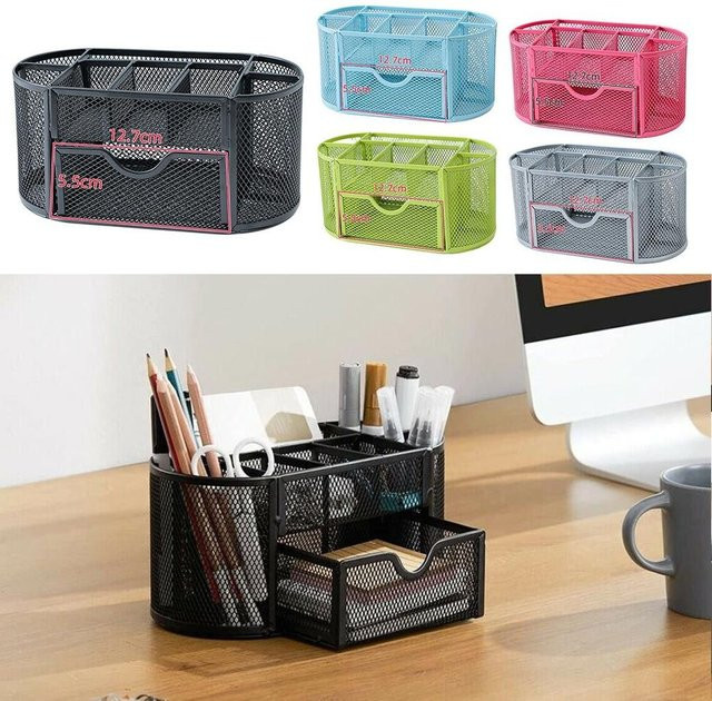 Schreibtisch Organizer aus Metall mit 9 Fächern und Schublade für Büro und Schule, Schwarz oder Silber - Bild 1