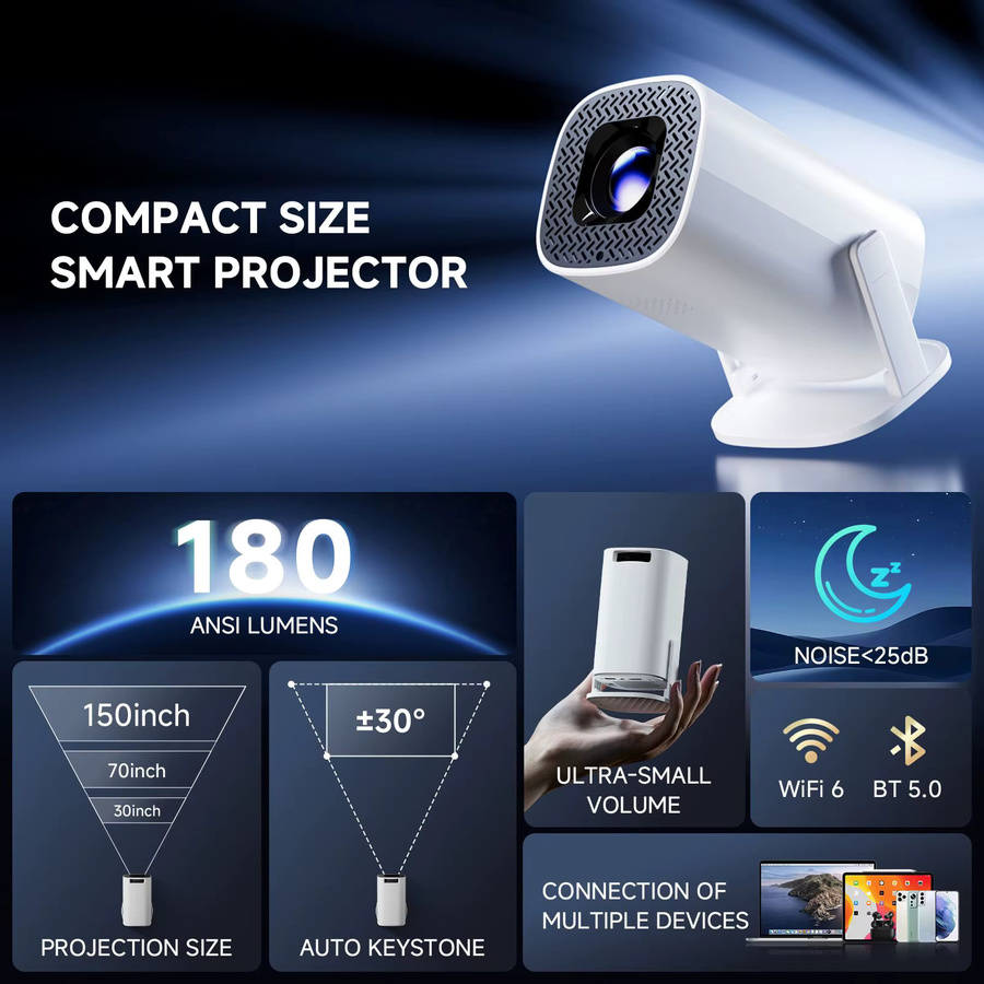HONGTOP P30 PRO Smart Mini-Projektor mit Android 14, WiFi 6 und Bluetooth 5.0, 4K Unterstützung, 1280 x 720P Auflösung, Farbe: Weiß - Bild 3