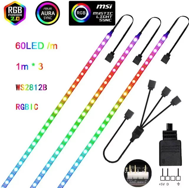 Merryle WS2812B ARGB LED Streifen, adressierbare RGBIC Digital Lichtleiste in Multicolour, 5V 3-Pin, kompatibel mit ASUS Aura Sync und MSI Mystic Light - Bild 1