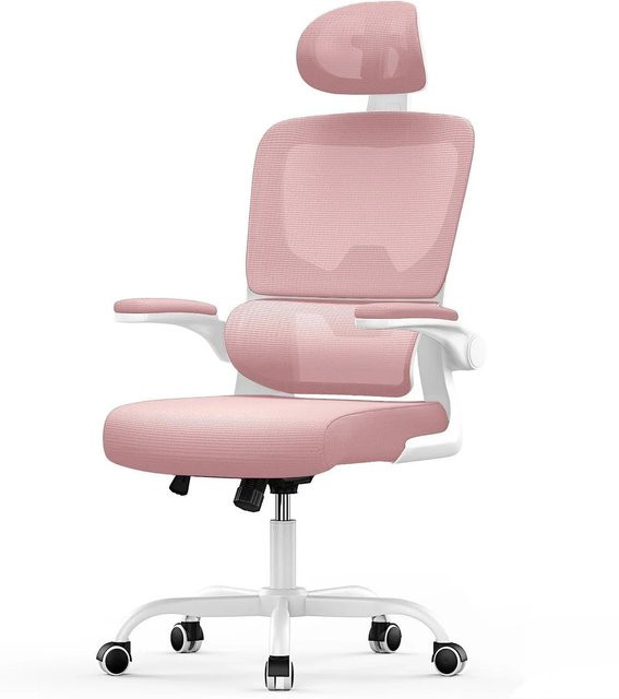 Rattantree Ergonomischer Drehstuhl in Pink mit Kopfstütze, Klapparmlehnen und Wippfunktion aus Netzgewebe und Aluminium - Bild 1