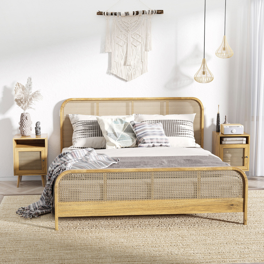 HOMCOM Set aus 2 Nachttischen im Vintage Design mit Rattan-Flechtwerk und Schranktür, Natur, B/T/H: 39 x 35 x 60 cm - Bild 2