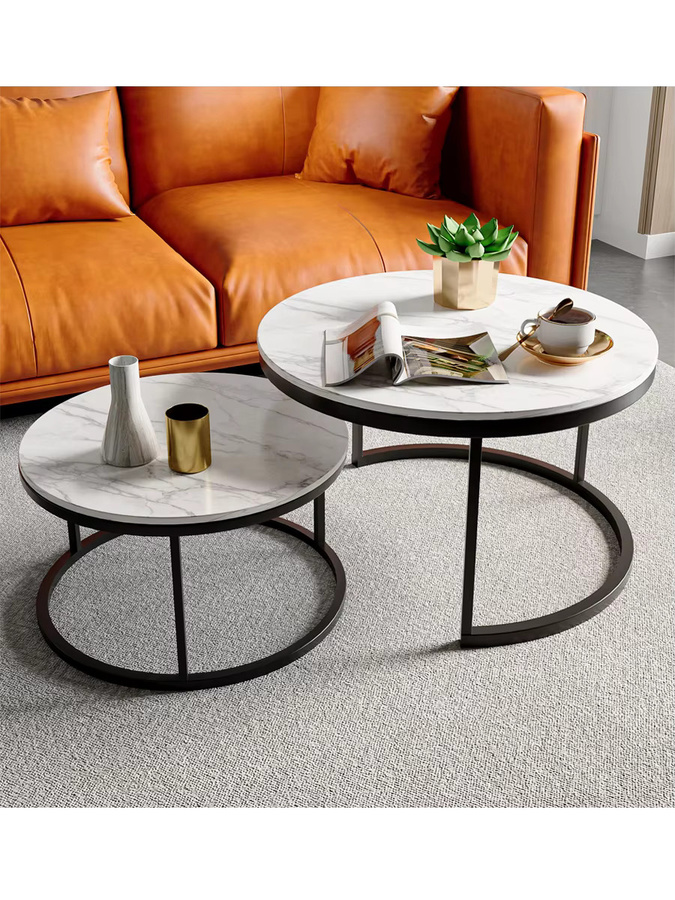 Superaly 2er-Set Runde Couchtische im modernen Design mit weißem Marmor-Look und schwarzem Metallgestell - Bild 4