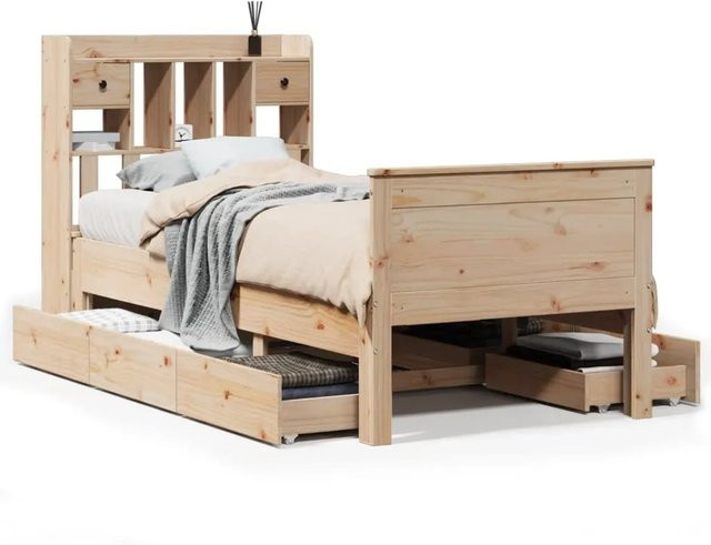 vidaXL Massivholzbett aus Kiefer mit Kopfteil mit Regal und Schubladen, Braun, B/T/H: 90 x 200 cm - Bild 1